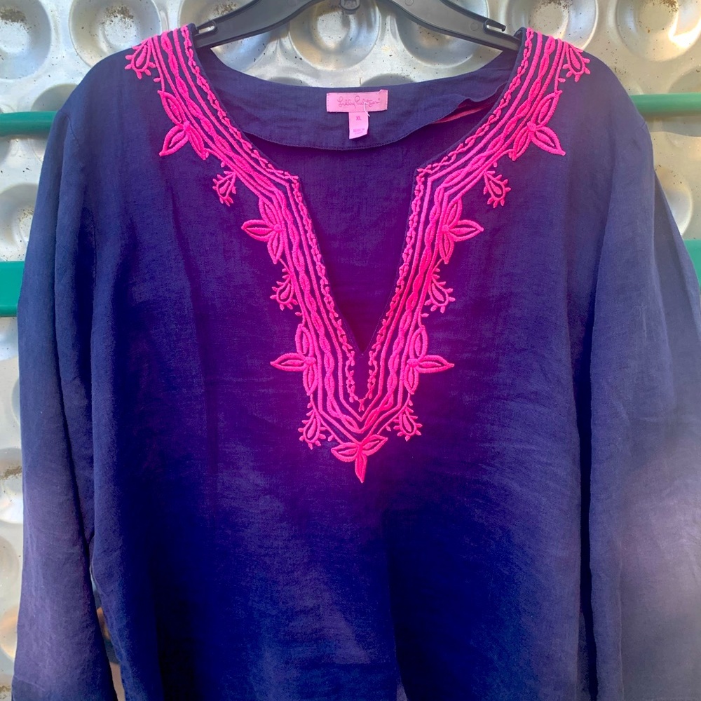 Lilly Pulitzer embroidered linen shirt or tunic. XL